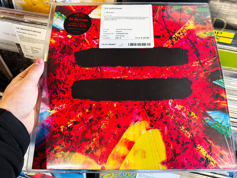 Ed Sheeran Equals vinyl album cover art with bold red splatter and black bars