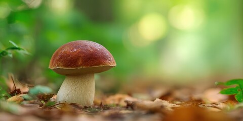 The Mushroom on a Lush Forest Floor with Soft Bokeh Morning Light