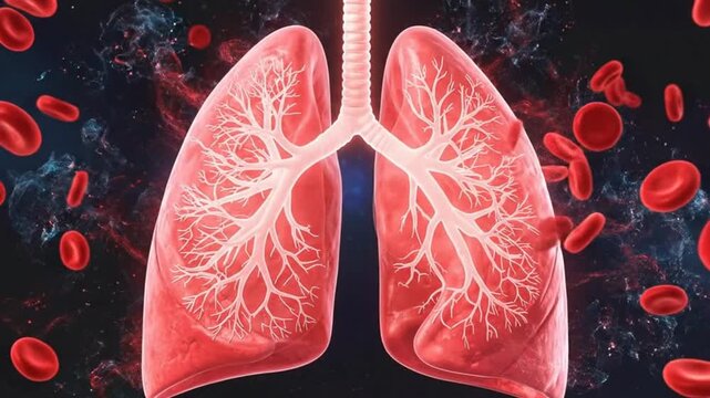 Illustration of human lungs with red blood cells, representing respiratory health and function.