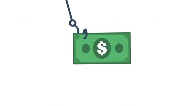 Money Note and Fishing Hook. Money Phishing Concept Animation Video