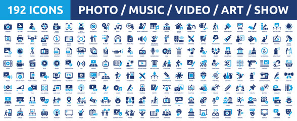 Fototapeta premium Huge set of 200 solid icons. Mega collection concept of photo, music, video, art and show. Vector illustration.