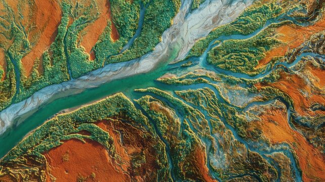 Aerial view of vibrant multicolored river delta in breathtaking landscape.