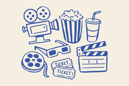 Cinema doodle icons popcorn camera tickets vector illustration