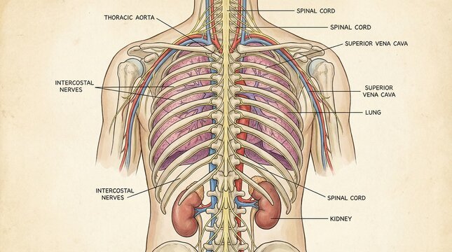 Labeled anatomical torso showing organs and systems
