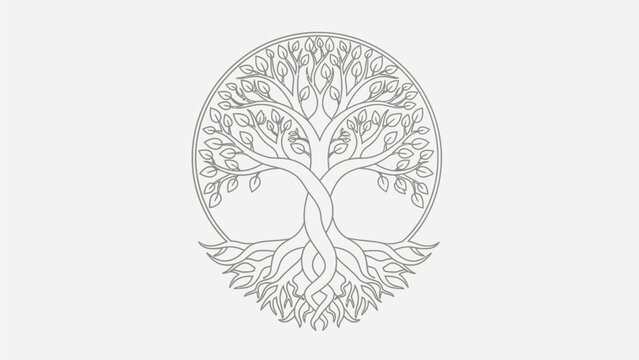 Elegant Tree of Life vector illustration in a circular frame, intricate roots and branches, mythical growth symbol, line art design