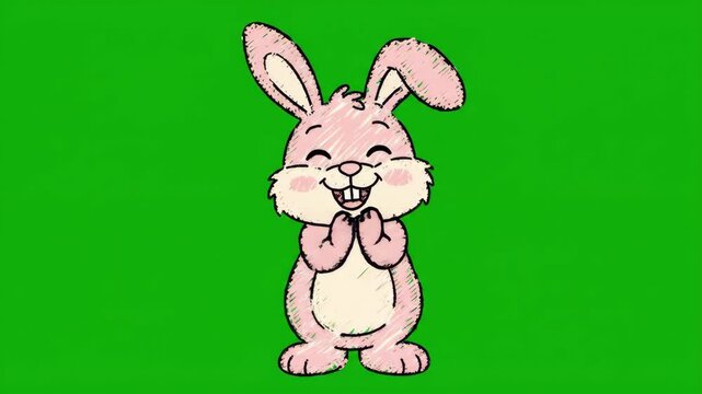 Cute cartoon pink bunny rabbit with happy expression.