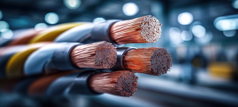 The copper cable ends closeup in an industrial electrical wiring workshop