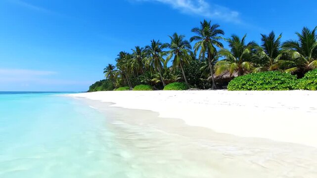A serene tropical beach scene with palm trees and lush greenery along the shoreline viewed from the calm turquoise ocean towards the white sandy beach 1 eps