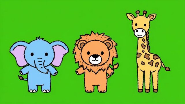 Cute Cartoon Safari Animals Elephant Lion Giraffe Green Background.