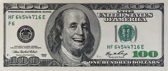 Benjamin Franklin smiling on 100 dollar banknote