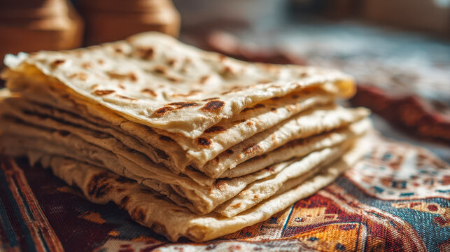 A stack of traditional msemen flatbreads on a rustic textile, warm homemade pastries with golden layers