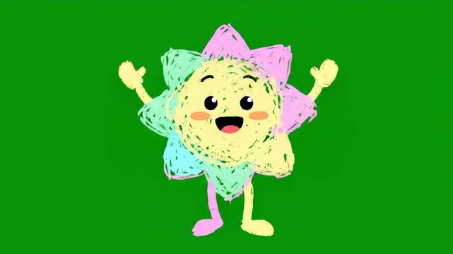 Cute cartoon sun character waving and smiling.