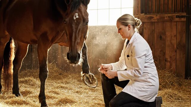 Woman in a white lab coat cleaning a horses hoof in a barn with hay on the ground around them