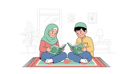 Young Muslim Children Reading Books Together in a Cozy Home Setting