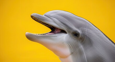 A dolphin with its mouth open against a vibrant yellow background © Nazmul