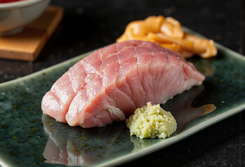 Sushi slice with wasabi and pickled ginger on green plate  