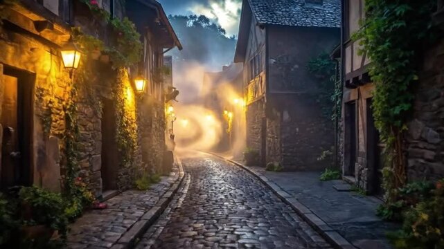 Mysterious cobblestone street winds through an old European village at night.