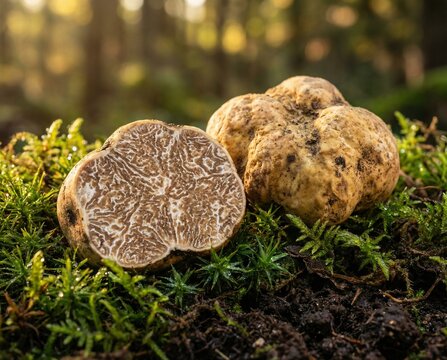 Truffle mushrooms displayed on mossy forest floor in natural lighting - Concept of Delicacy food  