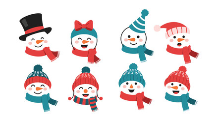 Collection of cute snowman faces wearing different colorful knitted hats and scarves with various happy facial expressions for winter icons.