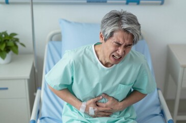 Fototapeta premium Elderly Asian man suffering from abdominal pain lying on a hospital bed, health care and medical condition