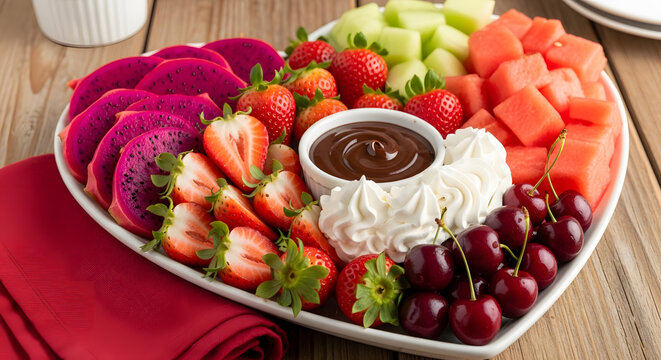 Heart shaped Valentine's Day fruit platter with dragon fruit, strawberries, cherries, and chocolate ganache dip