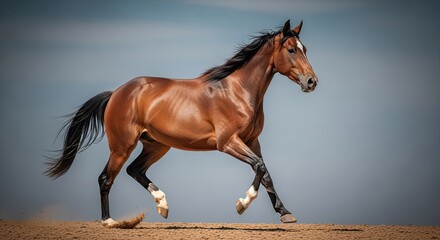 Obraz premium A brown horse with a black mane and tail running on a sandy surface