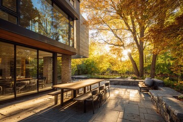 Obraz premium Modern home with large windows and patio dining area, surrounded by lush autumn foliage