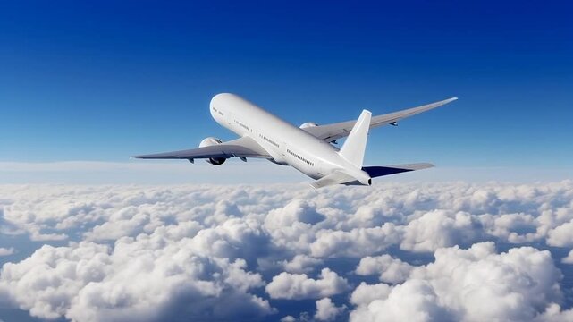 Modern passenger jet airplane flying above white clouds against blue sky, commercial aircraft in flight during sunny day, side view of plane soaring through the air, travel and aviation industry.