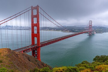 Fototapeta premium Long-span suspension bridge arches over sea to connect land; a rainy, overcast sky above
