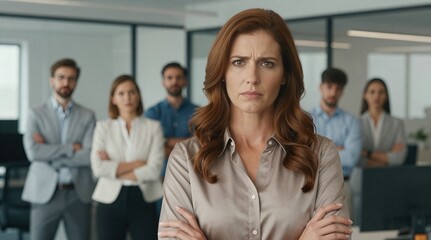Obraz premium Stern businesswoman leading a diverse team, expressing disapproval and challenge in a modern office setting