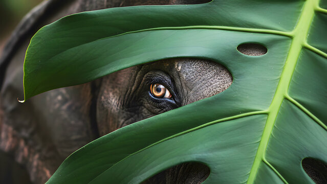 A detailed close-up shot of an elephant's eye peering through a large green tropical leaf.