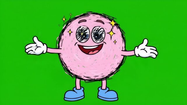 Cute Pink Cartoon Character Expressing Emotions on Green Screen.