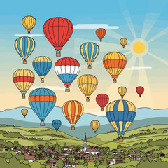 Fototapeta premium Colorful hot air balloons floating above a charming European village nestled in a green valley with mountains under a sunny sky.