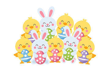 Naklejka premium Cartoon characters celebrating spring holiday with painted eggs