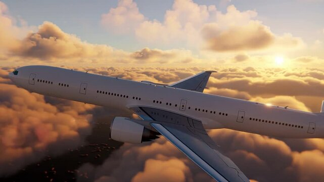Close Up Wing View of Boeing 777 Commercial Jet Airplane Flying Above Fluffy Clouds at Sunset. Detailed Aircraft Exterior and Windows During Flight. Golden Sunlight Hitting the Airplane Body.