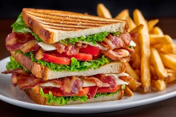 Club sandwich with bacon, lettuce, tomato, cheese and fries