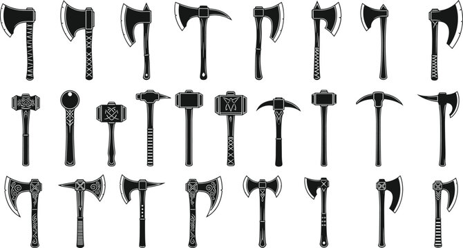 Medieval Axe and Hammer Weapon Vector Illustration Set with Viking, Fantasy, and Battle Tools in Black and White Line Art Style