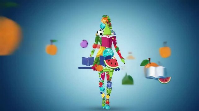 Woman contour made of healthy food icons. Healthy lifestyle and proper nutrition concept for diet and wellness.