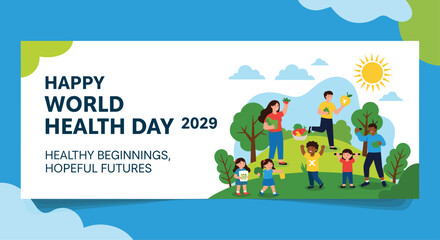 Fototapeta premium World Health Day 2029 Illustration with Diverse People Harvesting Fruit and Gardening in a Sunny Park for Promoting Healthy Beginnings and Hopeful Futures.