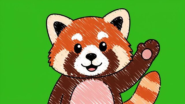 Cute Red Panda Waving Hello Cartoon Style.