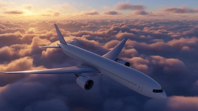 Side angle of Boeing 777 commercial jet airplane cruising above white clouds during sunset, close up view of fuselage and wing of wide-body aircraft in flight, commercial aviation industry