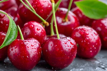 Fresh wet red cherries with water droplets on dark background