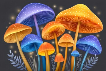 Fototapeta premium Colorful mystical forest mushrooms glowing in fantasy dark setting