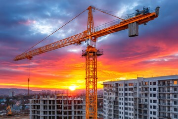 Tower crane overseeing urban development at vibrant sunset