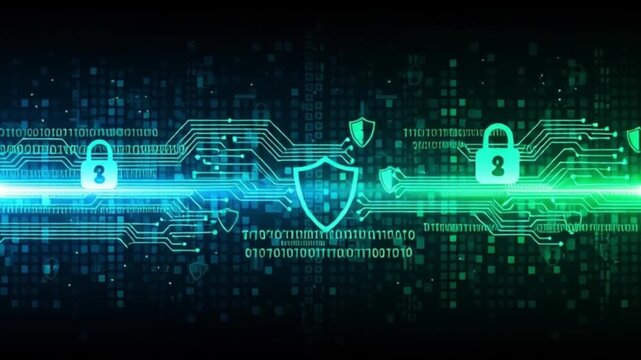 Cybersecurity concept with shield and lock icons on circuit board background