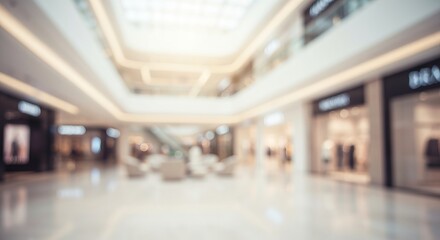 Fototapeta premium Elegant Shopping Mall Interior with Blurred Shoppers, Bright Natural Light, and Luxury Ambience