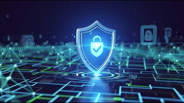 Cybersecurity shield protecting network with padlock and checkmark