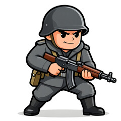 Naklejka premium A sturdy special forces soldier with a combat weapon, fully equipped in special combat gear. Cartoon mascot, illustration, clean lines, flat design, modern, high quality
