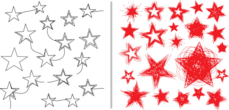 Hand-drawn vector stars in two styles: black minimalist outlines with connecting swoosh lines, and vibrant red energetic scribbles ranging from solid fills to chaotic, artsy sketches.