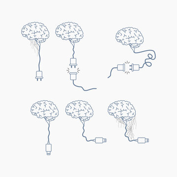 illustration depicts abrain connected to an unplugged power source, symbolizing a need for a mental reset or disconnectionIt effectively represents a state of "brain offline" or disconnection. EPS 10.
